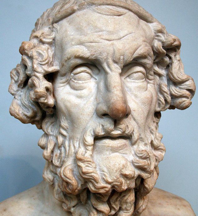 Marble bust of Homer, the ancient Greek poet, showing the traditional depiction of a bearded, blind bard with deeply carved features.