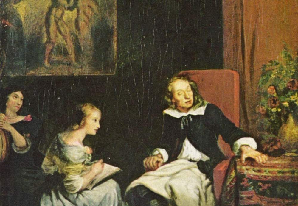 John Milton dictating Paradise Lost to his daughters in a dimly lit study, as painted by Eugène Delacroix.