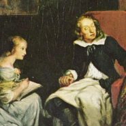 John Milton dictating Paradise Lost to his daughters in a dimly lit study, as painted by Eugène Delacroix.