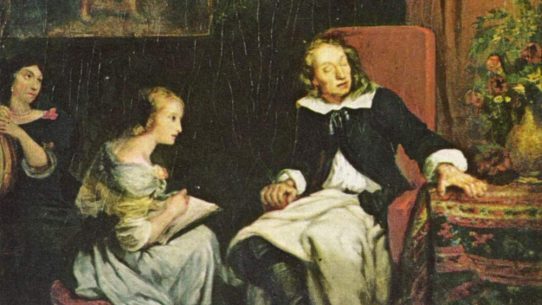 John Milton dictating Paradise Lost to his daughters in a dimly lit study, as painted by Eugène Delacroix.