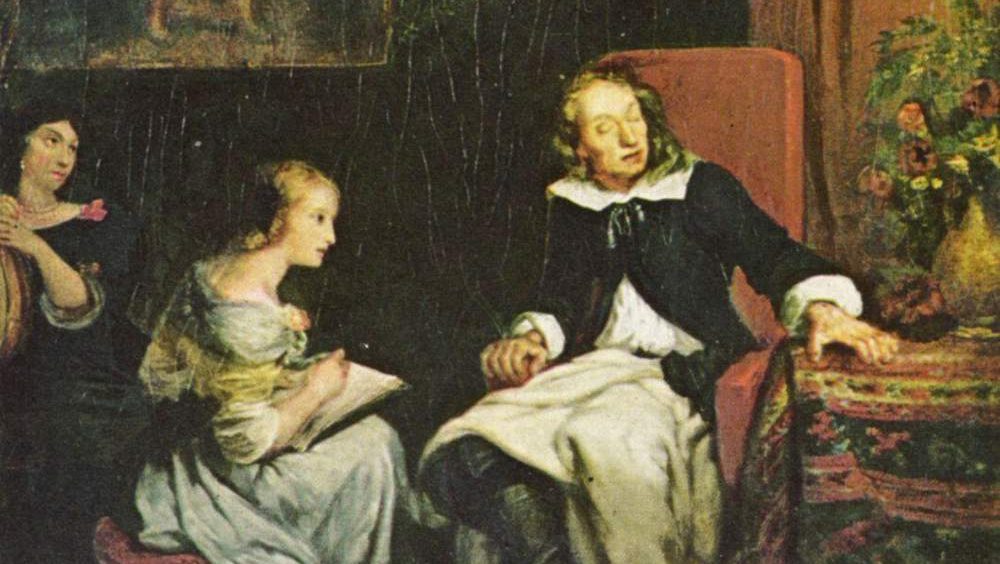 John Milton dictating Paradise Lost to his daughters in a dimly lit study, as painted by Eugène Delacroix.