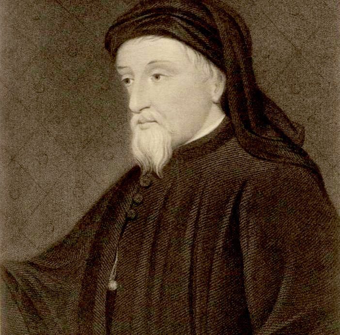 Portrait of Geoffrey Chaucer, depicted in a dark robe and hood, holding a rosary, based on the Hoccleve Manuscript illustration.