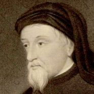 Portrait of Geoffrey Chaucer, depicted in a dark robe and hood, holding a rosary, based on the Hoccleve Manuscript illustration.