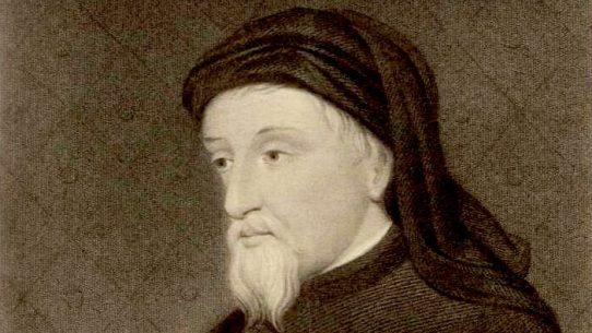 Portrait of Geoffrey Chaucer, depicted in a dark robe and hood, holding a rosary, based on the Hoccleve Manuscript illustration.