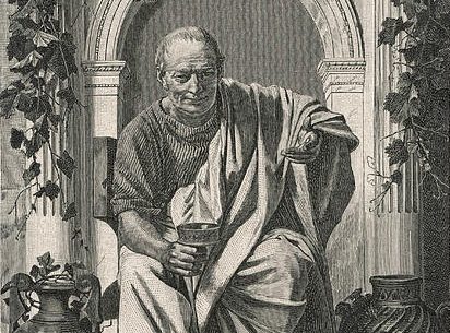 Illustrated portrait of Horace, showing the Roman poet in classical robes with a thoughtful expression, based on later artistic interpretations.