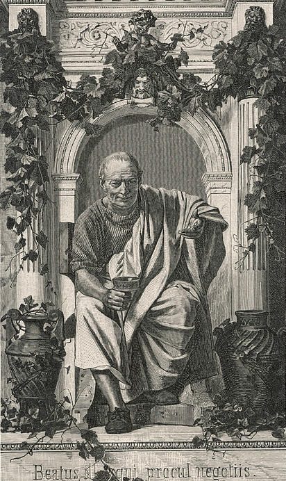 Illustrated portrait of Horace, showing the Roman poet in classical robes with a thoughtful expression, based on later artistic interpretations.