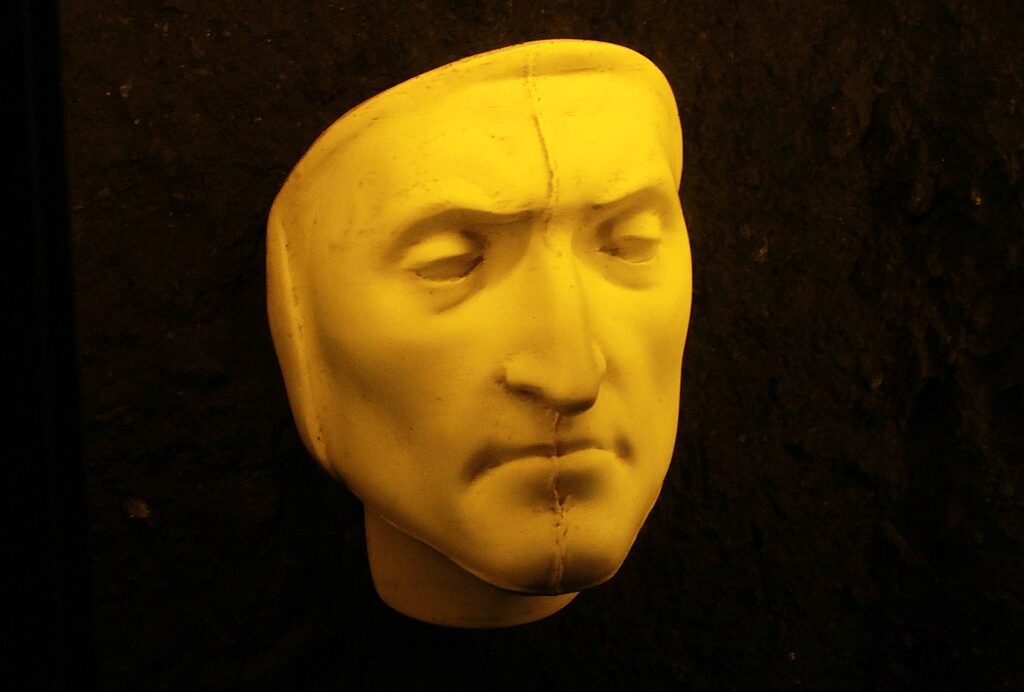 Digital recreation of Dante Alighieri’s face based on forensic reconstruction, depicting the Italian poet with strong features and a thoughtful expression.