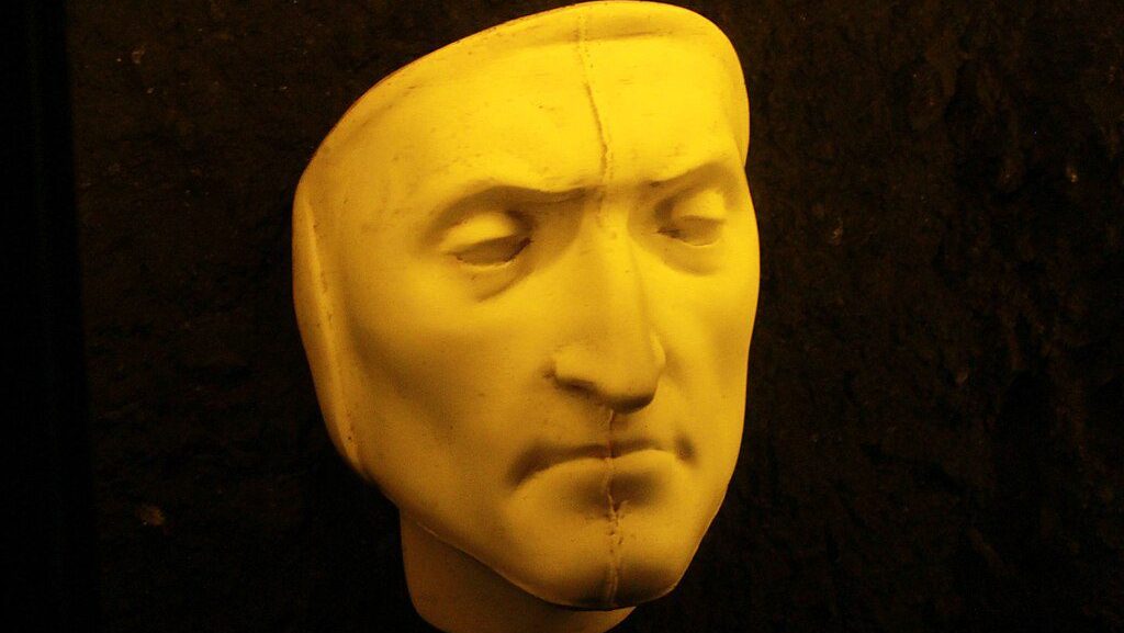 Digital recreation of Dante Alighieri’s face based on forensic reconstruction, depicting the Italian poet with strong features and a thoughtful expression.