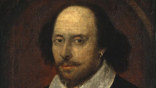 Portrait of William Shakespeare by John Taylor, known as the Chandos Portrait, showing the poet-playwright with an earring and a contemplative expression.