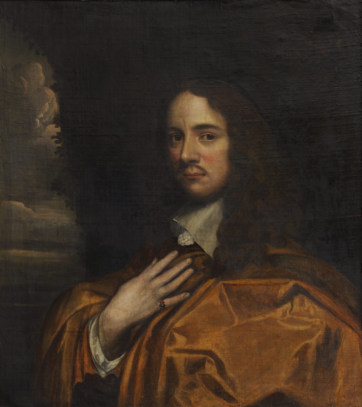 Oil portrait of Andrew Marvell, painted around 1655 to 1660 by an unidentified artist, showing the poet with long brown hair and a dark coat